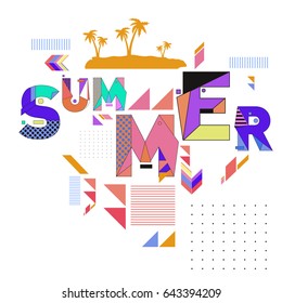 Trendy vector summer cards illustration with memphis style typography and abstract elements. Design for poster, card, invitation, brochure, and promotion template. Fashion art print and background.
