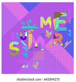 Trendy vector summer cards illustration with memphis style typography and abstract elements. Design for poster, card, invitation, brochure, and promotion template. Fashion art print and background.