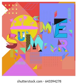 Trendy vector summer cards illustration with memphis style typography and abstract elements. Design for poster, card, invitation, brochure, and promotion template. Fashion art print and background.