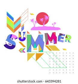 Trendy vector summer cards illustration with memphis style typography and abstract elements. Design for poster, card, invitation, brochure, and promotion template. Fashion art print and background.