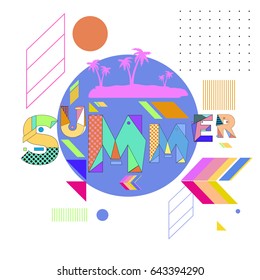 Trendy vector summer cards illustration with memphis style typography and abstract elements. Design for poster, card, invitation, brochure, and promotion template. Fashion art print and background.