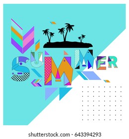 Trendy vector summer cards illustration with memphis style typography and abstract elements. Design for poster, card, invitation, brochure, and promotion template. Fashion art print and background.