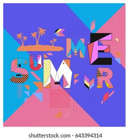 Trendy vector summer cards illustration with memphis style typography and abstract elements. Design for poster, card, invitation, brochure, and promotion template. Fashion art print and background.