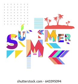 Trendy vector summer cards illustration with memphis style typography and abstract elements. Design for poster, card, invitation, brochure, and promotion template. Fashion art print and background.