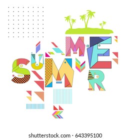 Trendy vector summer cards illustration with memphis style typography and abstract elements. Design for poster, card, invitation, brochure, and promotion template. Fashion art print and background.