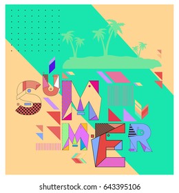 Trendy vector summer cards illustration with memphis style typography and abstract elements. Design for poster, card, invitation, brochure, and promotion template. Fashion art print and background.