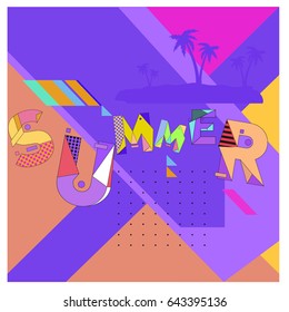 Trendy vector summer cards illustration with memphis style typography and abstract elements. Design for poster, card, invitation, brochure, and promotion template. Fashion art print and background.