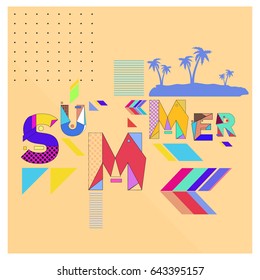 Trendy vector summer cards illustration with memphis style typography and abstract elements. Design for poster, card, invitation, brochure, and promotion template. Fashion art print and background.