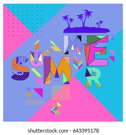 Trendy vector summer cards illustration with memphis style typography and abstract elements. Design for poster, card, invitation, brochure, and promotion template. Fashion art print and background.