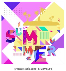 Trendy vector summer cards illustration with memphis style typography and abstract elements. Design for poster, card, invitation, brochure, and promotion template. Fashion art print and background.