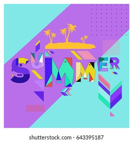 Trendy vector summer cards illustration with memphis style typography and abstract elements. Design for poster, card, invitation, brochure, and promotion template. Fashion art print and background.