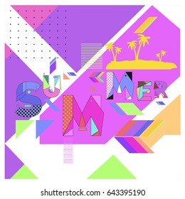 Trendy vector summer cards illustration with memphis style typography and abstract elements. Design for poster, card, invitation, brochure, and promotion template. Fashion art print and background.