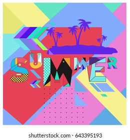 Trendy vector summer cards illustration with memphis style typography and abstract elements. Design for poster, card, invitation, brochure, and promotion template. Fashion art print and background.