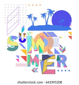 Trendy vector summer cards illustration with memphis style typography and abstract elements. Design for poster, card, invitation, brochure, and promotion template. Fashion art print and background.