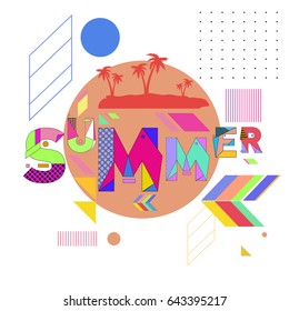 Trendy vector summer cards illustration with memphis style typography and abstract elements. Design for poster, card, invitation, brochure, and promotion template. Fashion art print and background.