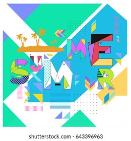 Trendy vector summer cards illustration with memphis style typography and abstract elements. Design for poster, card, invitation, brochure, and promotion template. Fashion art print and background.
