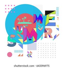 Trendy vector summer cards illustration with memphis style typography and abstract elements. Design for poster, card, invitation, brochure, and promotion template. Fashion art print and background.