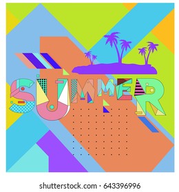 Trendy vector summer cards illustration with memphis style typography and abstract elements. Design for poster, card, invitation, brochure, and promotion template. Fashion art print and background.