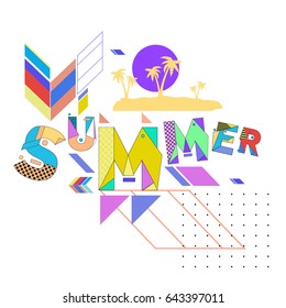 Trendy vector summer cards illustration with memphis style typography and abstract elements. Design for poster, card, invitation, brochure, and promotion template. Fashion art print and background.