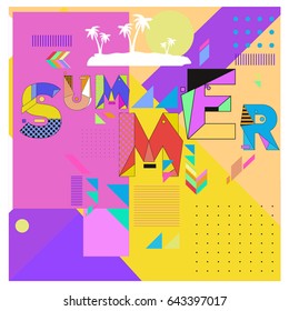 Trendy vector summer cards illustration with memphis style typography and abstract elements. Design for poster, card, invitation, brochure, and promotion template. Fashion art print and background.