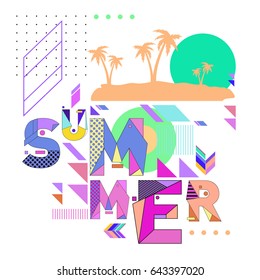 Trendy vector summer cards illustration with memphis style typography and abstract elements. Design for poster, card, invitation, brochure, and promotion template. Fashion art print and background.
