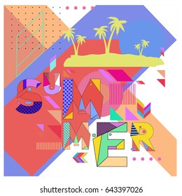 Trendy vector summer cards illustration with memphis style typography and abstract elements. Design for poster, card, invitation, brochure, and promotion template. Fashion art print and background.