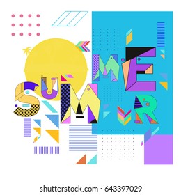Trendy vector summer cards illustration with memphis style typography and abstract elements. Design for poster, card, invitation, brochure, and promotion template. Fashion art print and background.