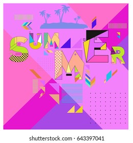 Trendy vector summer cards illustration with memphis style typography and abstract elements. Design for poster, card, invitation, brochure, and promotion template. Fashion art print and background.