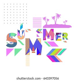 Trendy vector summer cards illustration with memphis style typography and abstract elements. Design for poster, card, invitation, brochure, and promotion template. Fashion art print and background.