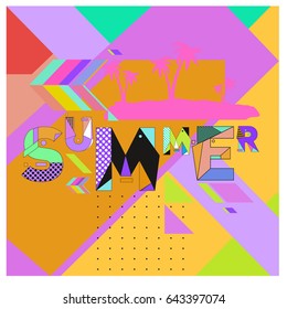 Trendy vector summer cards illustration with memphis style typography and abstract elements. Design for poster, card, invitation, brochure, and promotion template. Fashion art print and background.