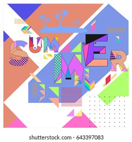 Trendy vector summer cards illustration with memphis style typography and abstract elements. Design for poster, card, invitation, brochure, and promotion template. Fashion art print and background.