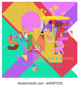 Trendy vector summer cards illustration with memphis style typography and abstract elements. Design for poster, card, invitation, brochure, and promotion template. Fashion art print and background.
