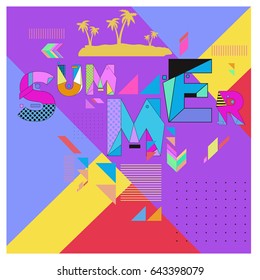 Trendy vector summer cards illustration with memphis style typography and abstract elements. Design for poster, card, invitation, brochure, and promotion template. Fashion art print and background.