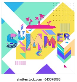 Trendy vector summer cards illustration with memphis style typography and abstract elements. Design for poster, card, invitation, brochure, and promotion template. Fashion art print and background.