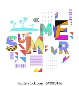 Trendy vector summer cards illustration with memphis style typography and abstract elements. Design for poster, card, invitation, brochure, and promotion template. Fashion art print and background.