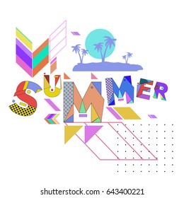 Trendy vector summer cards illustration with memphis style typography and abstract elements. Design for poster, card, invitation, brochure, and promotion template. Fashion art print and background.