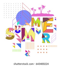 Trendy vector summer cards illustration with memphis style typography and abstract elements. Design for poster, card, invitation, brochure, and promotion template. Fashion art print and background.