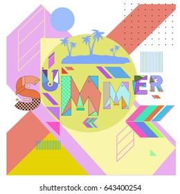 Trendy vector summer cards illustration with memphis style typography and abstract elements. Design for poster, card, invitation, brochure, and promotion template. Fashion art print and background.