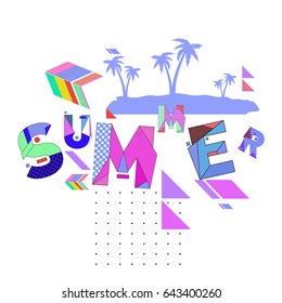 Trendy vector summer cards illustration with memphis style typography and abstract elements. Design for poster, card, invitation, brochure, and promotion template. Fashion art print and background.