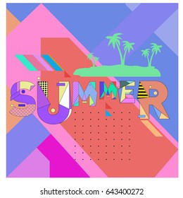 Trendy vector summer cards illustration with memphis style typography and abstract elements. Design for poster, card, invitation, brochure, and promotion template. Fashion art print and background.