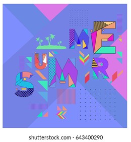 Trendy vector summer cards illustration with memphis style typography and abstract elements. Design for poster, card, invitation, brochure, and promotion template. Fashion art print and background.