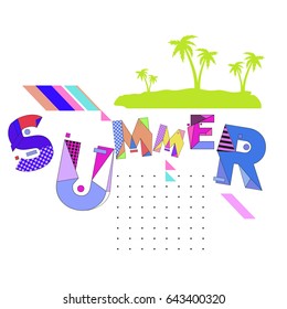 Trendy vector summer cards illustration with memphis style typography and abstract elements. Design for poster, card, invitation, brochure, and promotion template. Fashion art print and background.
