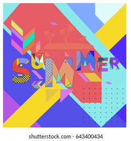 Trendy vector summer cards illustration with memphis style typography and abstract elements. Design for poster, card, invitation, brochure, and promotion template. Fashion art print and background.