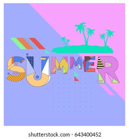 Trendy vector summer cards illustration with memphis style typography and abstract elements. Design for poster, card, invitation, brochure, and promotion template. Fashion art print and background.