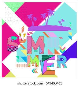 Trendy vector summer cards illustration with memphis style typography and abstract elements. Design for poster, card, invitation, brochure, and promotion template. Fashion art print and background.