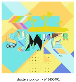 Trendy vector summer cards illustration with memphis style typography and abstract elements. Design for poster, card, invitation, brochure, and promotion template. Fashion art print and background.