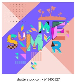 Trendy vector summer cards illustration with memphis style typography and abstract elements. Design for poster, card, invitation, brochure, and promotion template. Fashion art print and background.