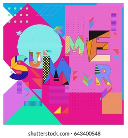 Trendy vector summer cards illustration with memphis style typography and abstract elements. Design for poster, card, invitation, brochure, and promotion template. Fashion art print and background.