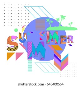 Trendy vector summer cards illustration with memphis style typography and abstract elements. Design for poster, card, invitation, brochure, and promotion template. Fashion art print and background.