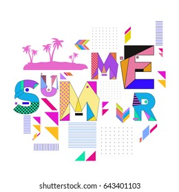 Trendy vector summer cards illustration with memphis style typography and abstract elements. Design for poster, card, invitation, brochure, and promotion template. Fashion art print and background.